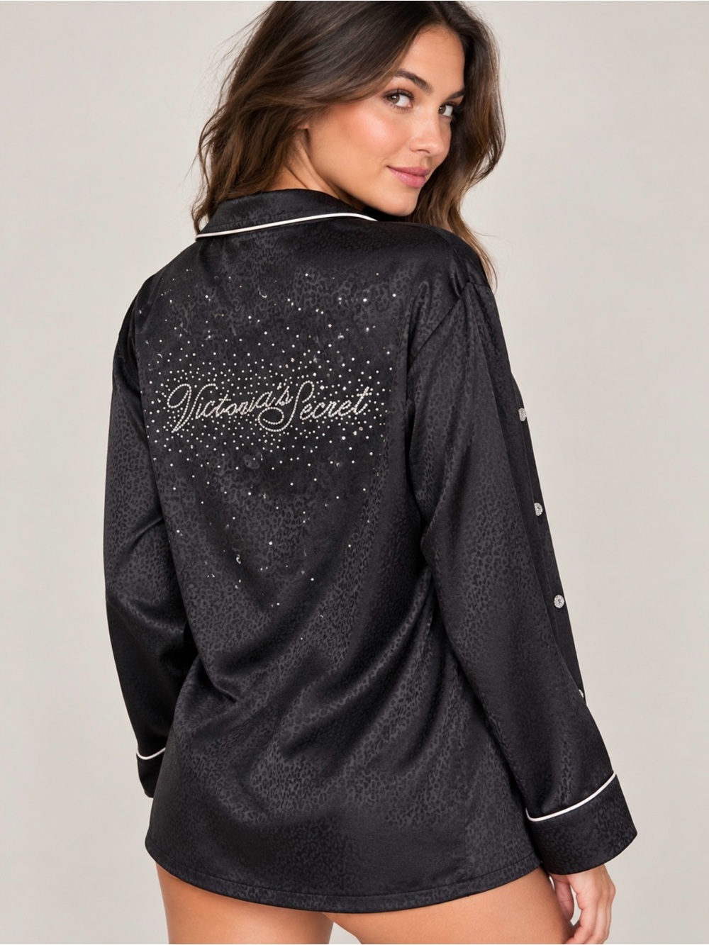 Victoria's Secret Black Cheetah Satin Pajama Shirt with Crystal Logo | Size Med